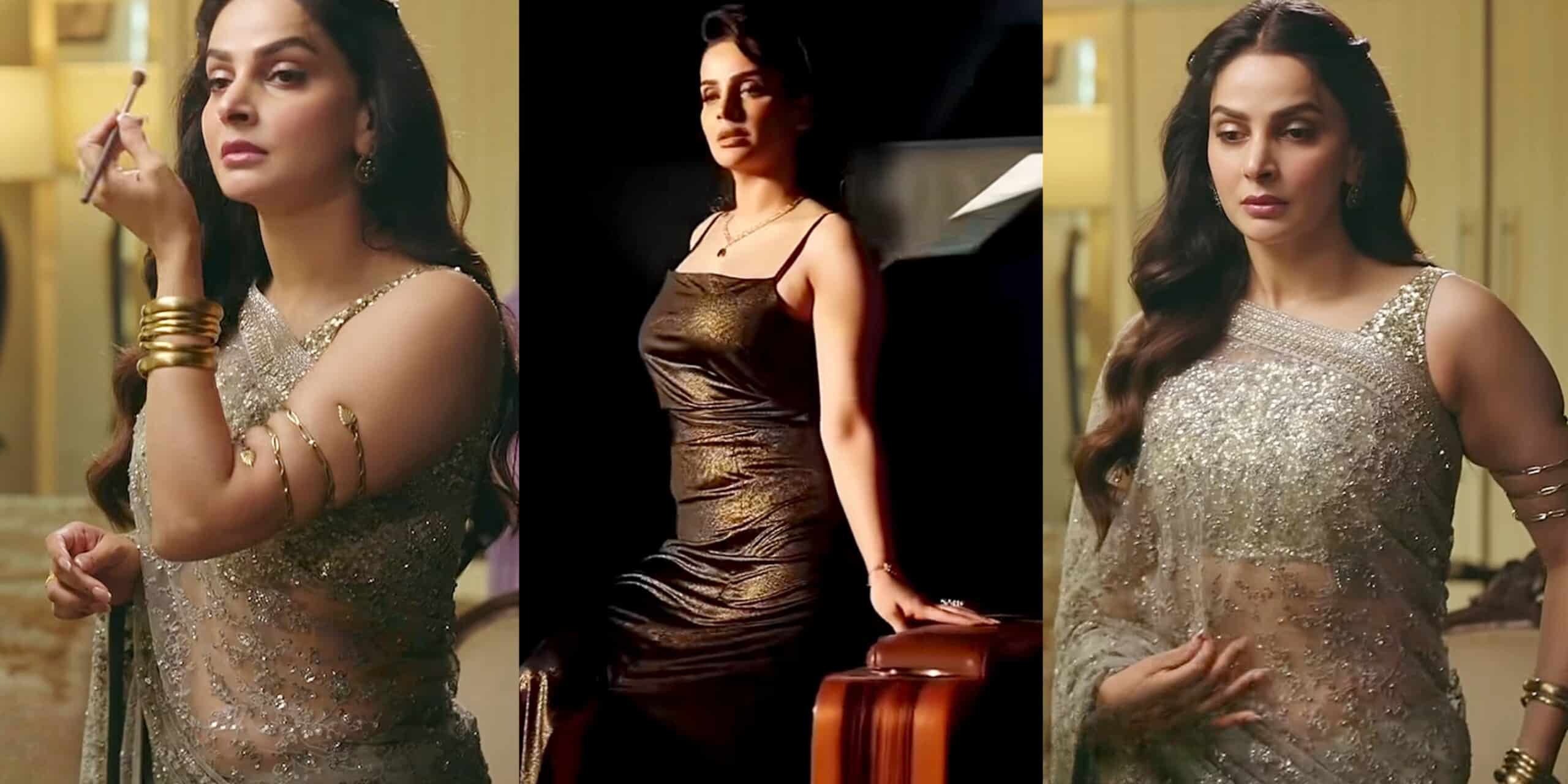 Saba Qamar in a golden sleeveless saree in Muamma drama episode, sparking social media criticism