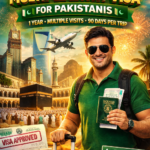 “Saudi multiple entry visit visa 2026 for Pakistanis – passport, visa stamp, plane, and Saudi landmarks.”